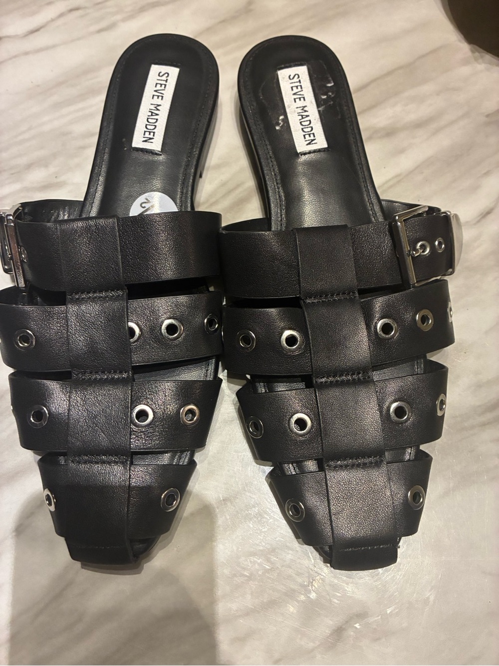 Steve Madden Black Leather Grommet Slide Mules